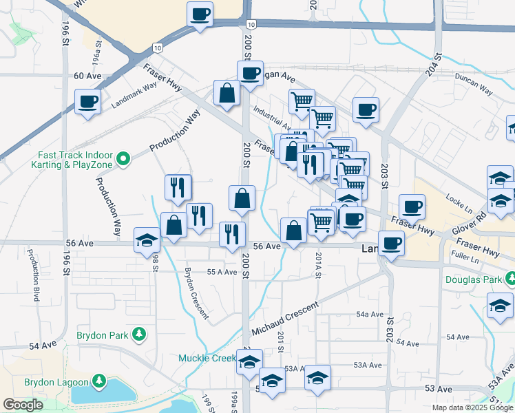 map of restaurants, bars, coffee shops, grocery stores, and more near 5700 200 Street in Langley