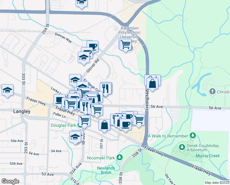 map of restaurants, bars, coffee shops, grocery stores, and more near 5677 208 Street in Langley