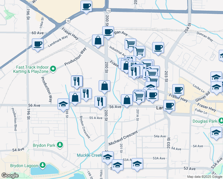 map of restaurants, bars, coffee shops, grocery stores, and more near 5664 200 Street in Langley