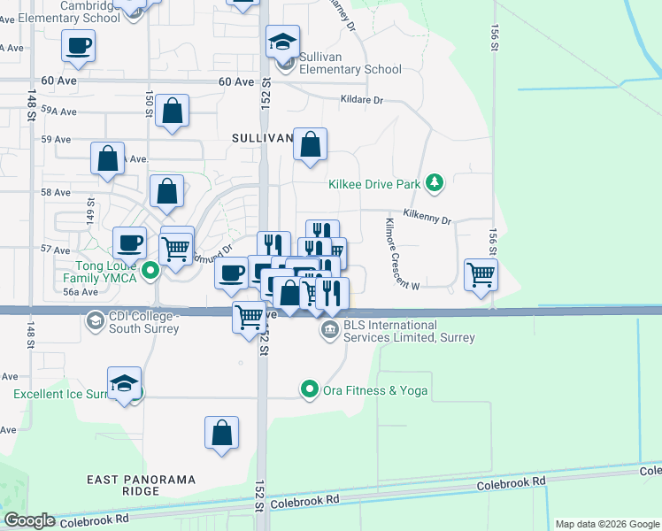 map of restaurants, bars, coffee shops, grocery stores, and more near 5688 152 Street in Surrey