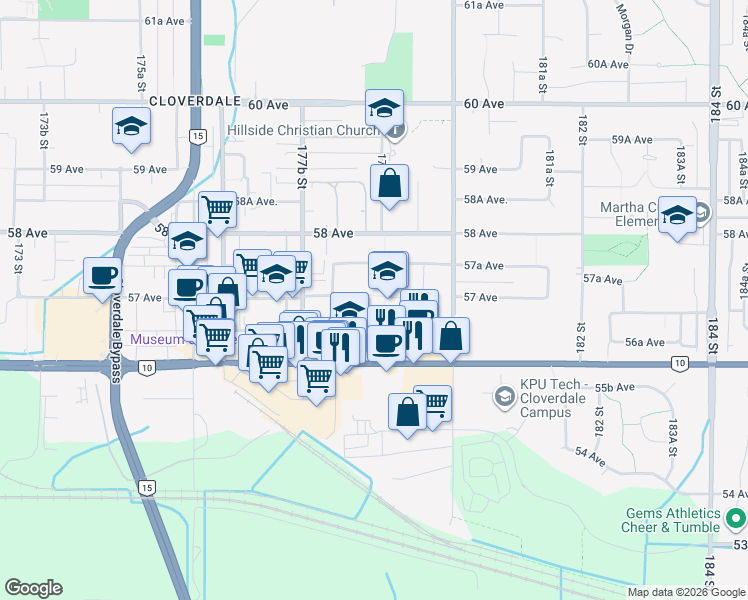 map of restaurants, bars, coffee shops, grocery stores, and more near 17884 57 Avenue in Surrey