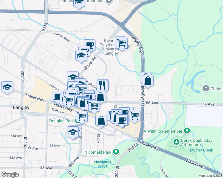 map of restaurants, bars, coffee shops, grocery stores, and more near 5677 208 Street in Langley