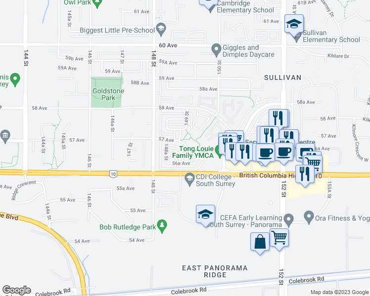 map of restaurants, bars, coffee shops, grocery stores, and more near 14912 57 Avenue in Surrey