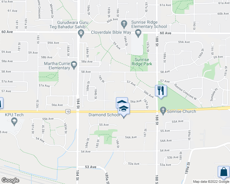 map of restaurants, bars, coffee shops, grocery stores, and more near 18629 56B Avenue in Surrey