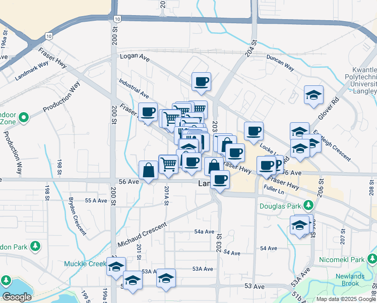 map of restaurants, bars, coffee shops, grocery stores, and more near 21405 56 Avenue in Langley