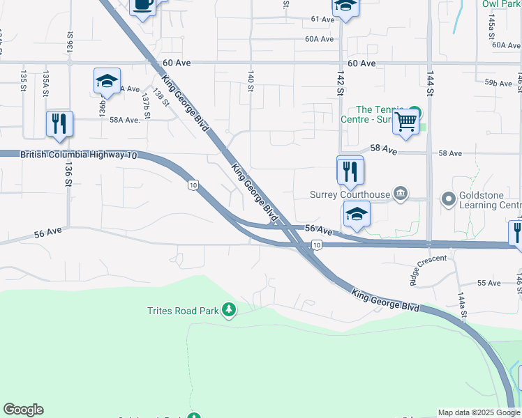 map of restaurants, bars, coffee shops, grocery stores, and more near 5629 King George Boulevard in Surrey