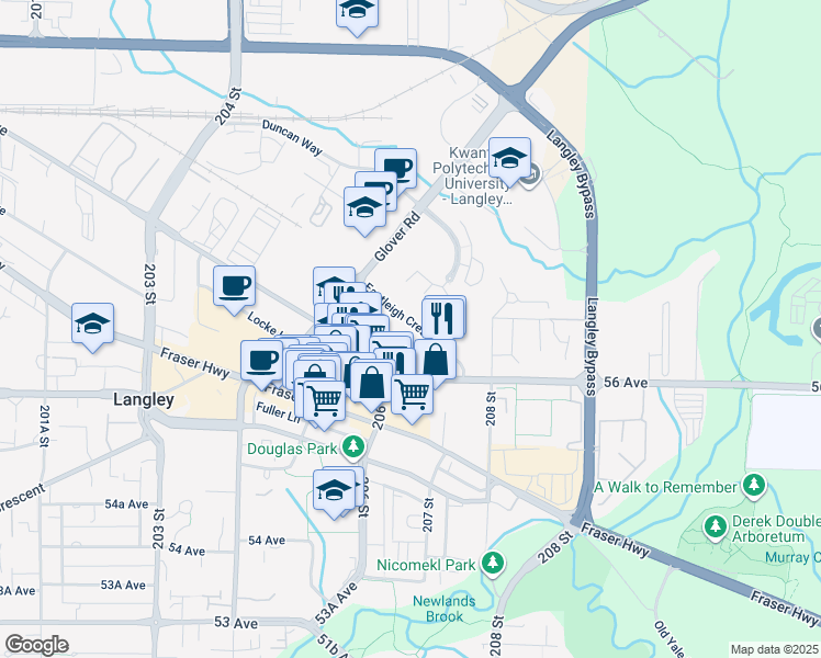 map of restaurants, bars, coffee shops, grocery stores, and more near in Langley