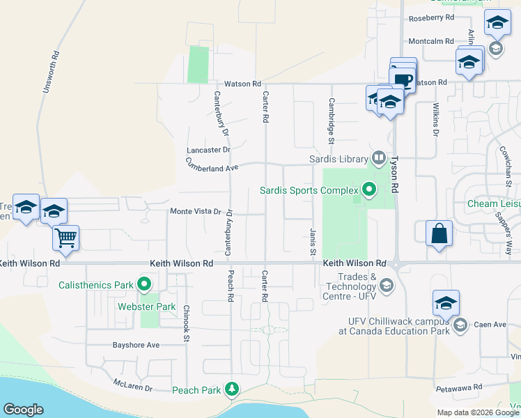 map of restaurants, bars, coffee shops, grocery stores, and more near 44785 Monte Vista Drive in Chilliwack