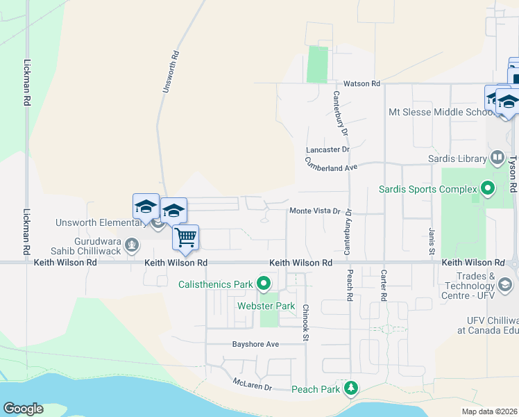 map of restaurants, bars, coffee shops, grocery stores, and more near 44565 Monte Vista Drive in Chilliwack