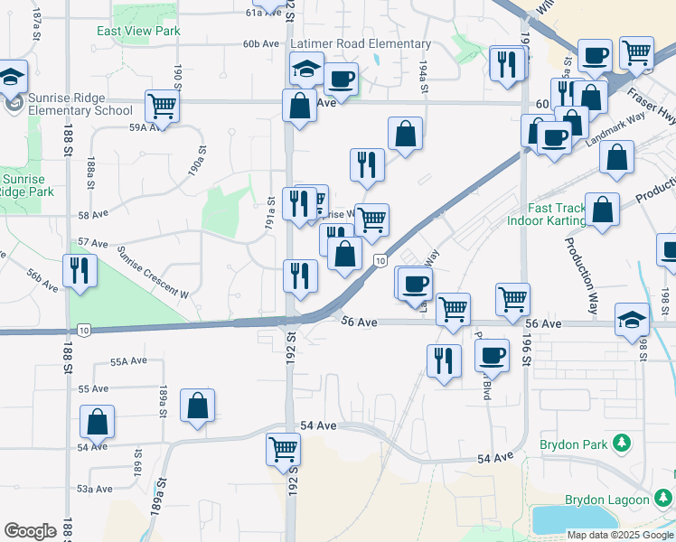 map of restaurants, bars, coffee shops, grocery stores, and more near in Surrey