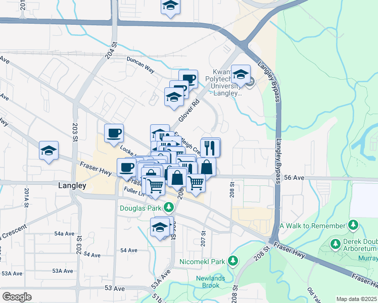 map of restaurants, bars, coffee shops, grocery stores, and more near 20650 Eastleigh Crescent in Langley
