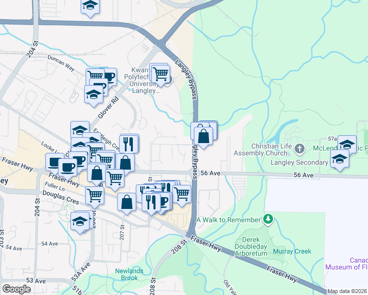 map of restaurants, bars, coffee shops, grocery stores, and more near in Langley