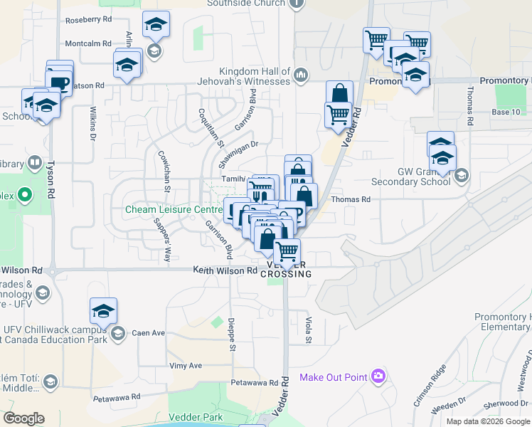 map of restaurants, bars, coffee shops, grocery stores, and more near 45615 Tamihi Way in Chilliwack