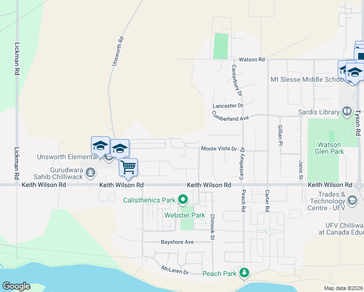 map of restaurants, bars, coffee shops, grocery stores, and more near 44565 Monte Vista Drive in Chilliwack