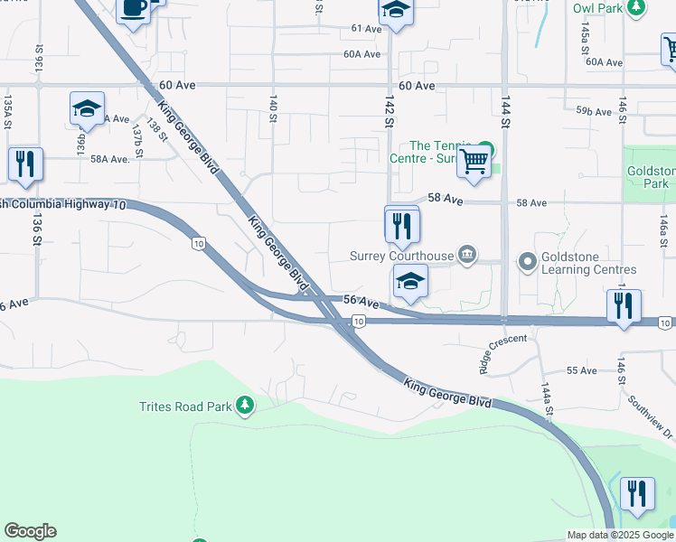 map of restaurants, bars, coffee shops, grocery stores, and more near in Surrey