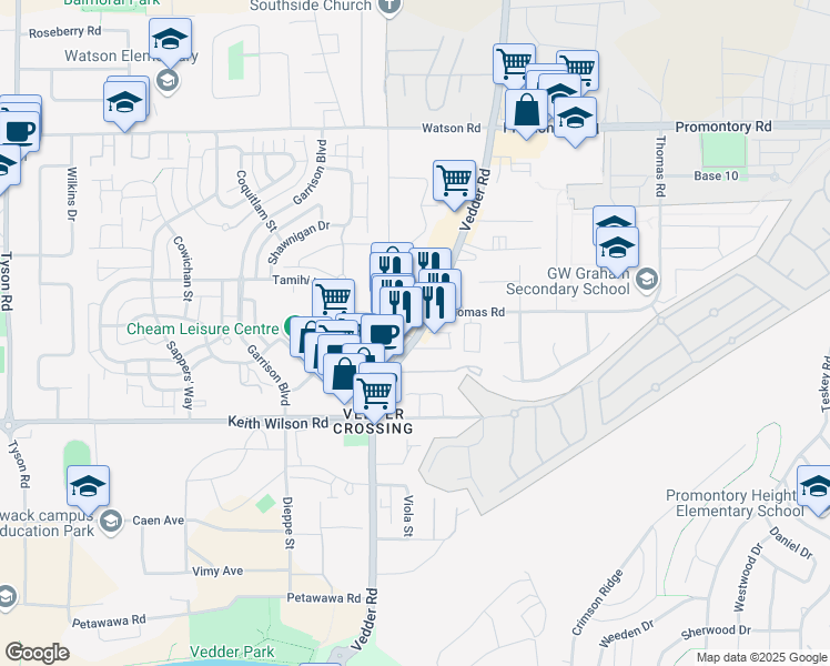 map of restaurants, bars, coffee shops, grocery stores, and more near 45653 Lark Rd in Chilliwack