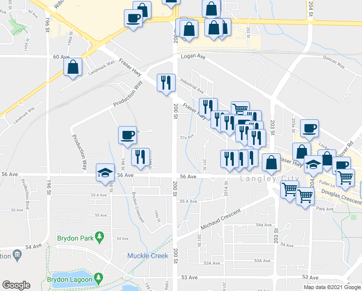 map of restaurants, bars, coffee shops, grocery stores, and more near 5664 200 Street in Langley City