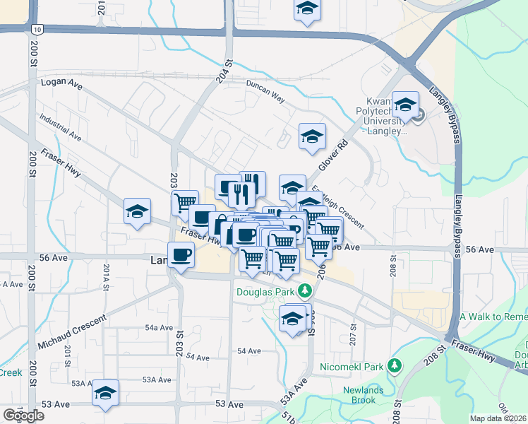 map of restaurants, bars, coffee shops, grocery stores, and more near 20500 Logan Avenue in Langley