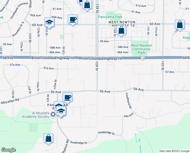 map of restaurants, bars, coffee shops, grocery stores, and more near 5691 128 Street in Surrey
