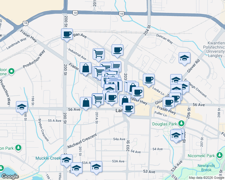 map of restaurants, bars, coffee shops, grocery stores, and more near 20218-20226 Fraser Highway in Langley