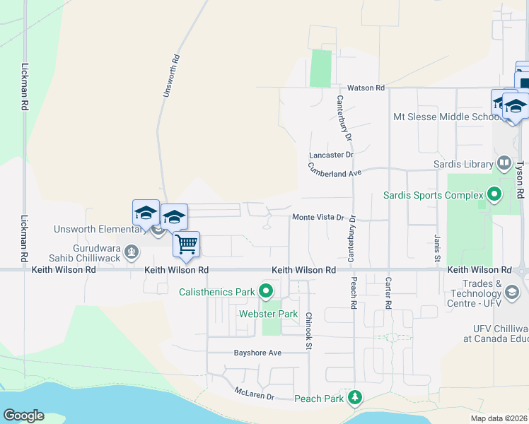 map of restaurants, bars, coffee shops, grocery stores, and more near 44565 Monte Vista Drive in Chilliwack