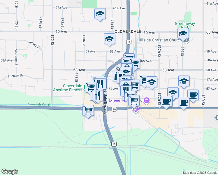map of restaurants, bars, coffee shops, grocery stores, and more near 5738 175 Street in Surrey