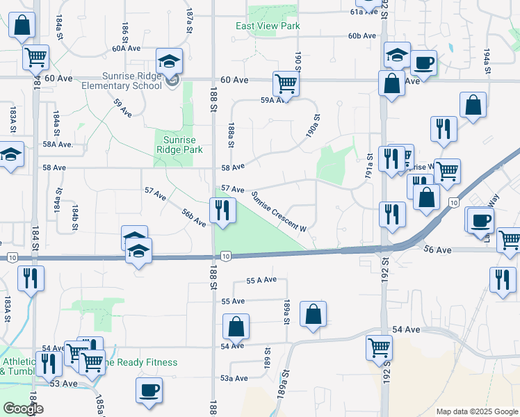 map of restaurants, bars, coffee shops, grocery stores, and more near 5679 Sunrise Crescent West in Surrey