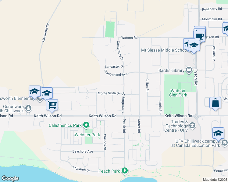 map of restaurants, bars, coffee shops, grocery stores, and more near 5689 Hacienda Place in Chilliwack