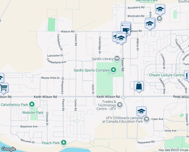 map of restaurants, bars, coffee shops, grocery stores, and more near 5704 Janis Street in Chilliwack