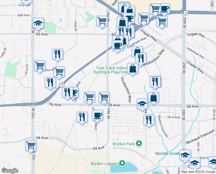 map of restaurants, bars, coffee shops, grocery stores, and more near 196 Street in Langley