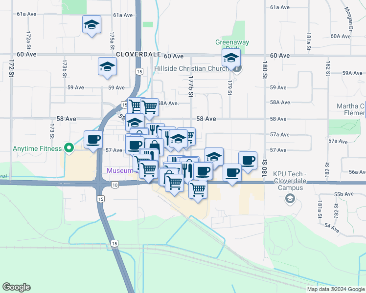 map of restaurants, bars, coffee shops, grocery stores, and more near in Surrey