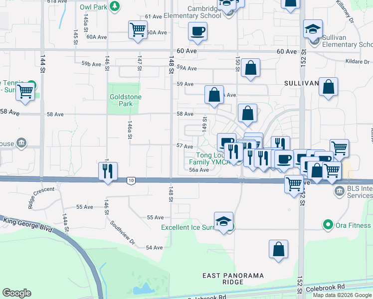 map of restaurants, bars, coffee shops, grocery stores, and more near 14850 57 Avenue in Surrey