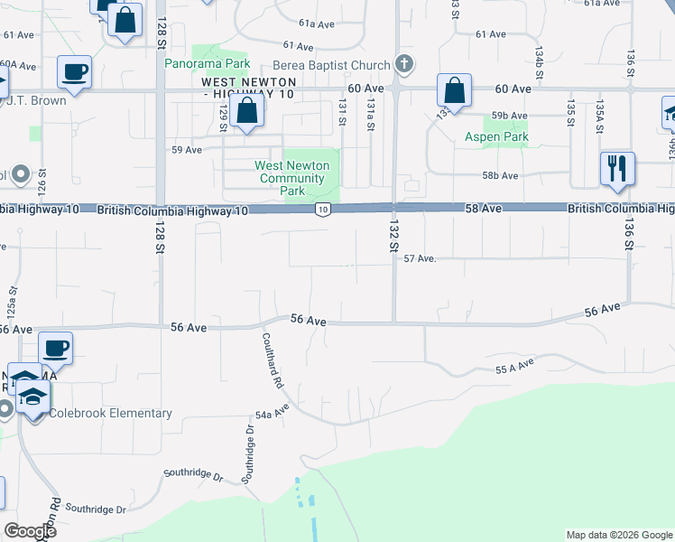 map of restaurants, bars, coffee shops, grocery stores, and more near 13088 57 Avenue in Surrey