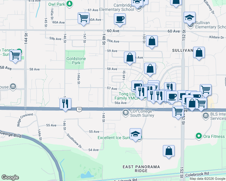 map of restaurants, bars, coffee shops, grocery stores, and more near 14850 57 Avenue in Surrey