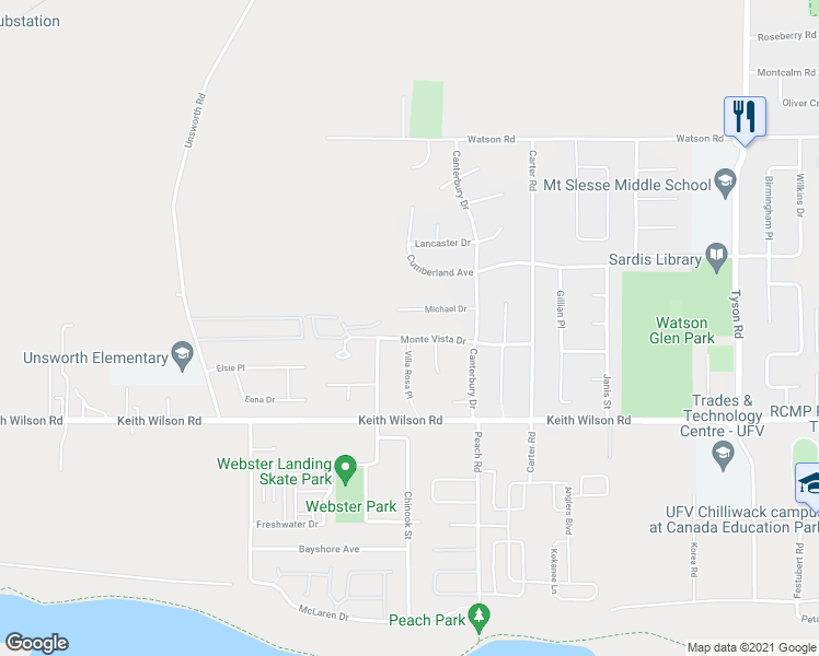 map of restaurants, bars, coffee shops, grocery stores, and more near 44621 Monte Vista Drive in Chilliwack