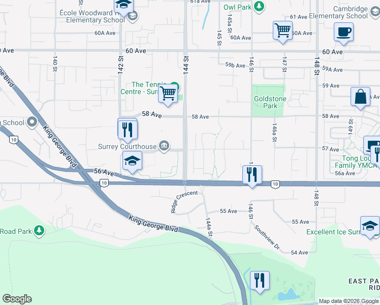 map of restaurants, bars, coffee shops, grocery stores, and more near 5692 144 Street in Surrey