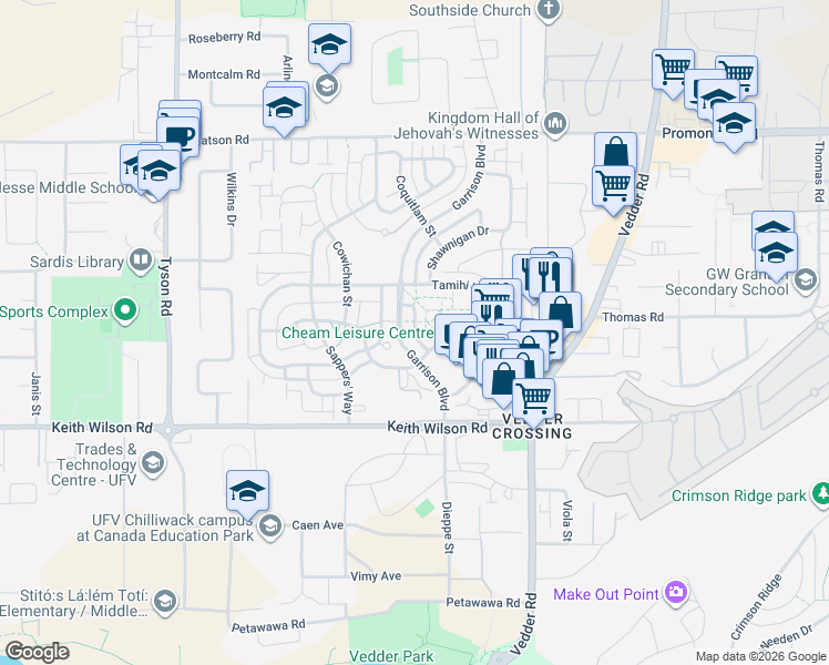 map of restaurants, bars, coffee shops, grocery stores, and more near Mitchell Street in Chilliwack