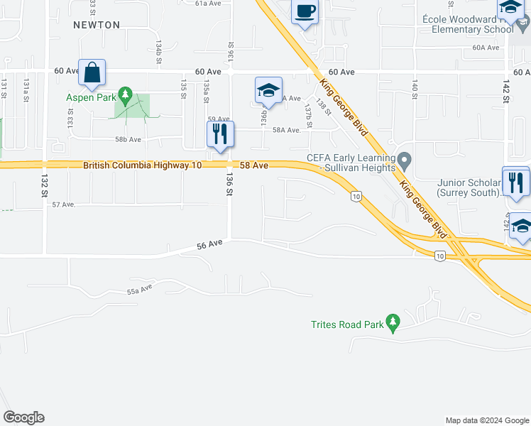 map of restaurants, bars, coffee shops, grocery stores, and more near 13673 56B Avenue in Surrey