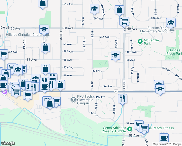 map of restaurants, bars, coffee shops, grocery stores, and more near 5715 182 Street in Surrey