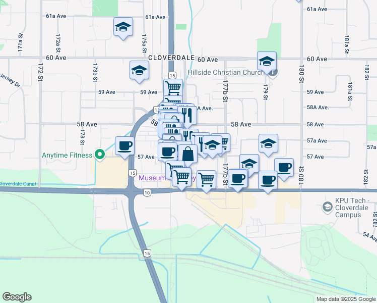 map of restaurants, bars, coffee shops, grocery stores, and more near in Surrey