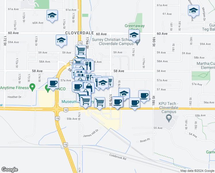 map of restaurants, bars, coffee shops, grocery stores, and more near 17769 57 Avenue in Surrey