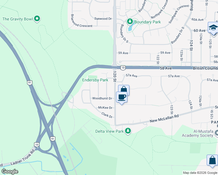 map of restaurants, bars, coffee shops, grocery stores, and more near 5719 Abbey Drive in Delta
