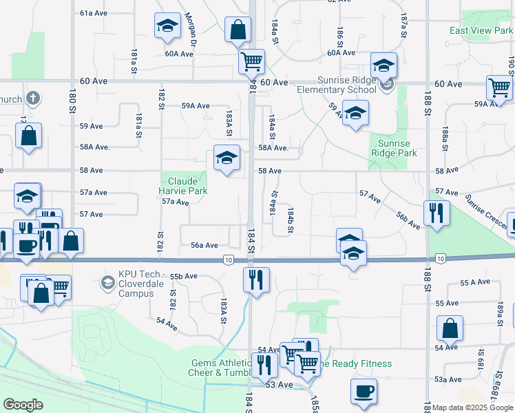 map of restaurants, bars, coffee shops, grocery stores, and more near 5734 184 Street in Surrey