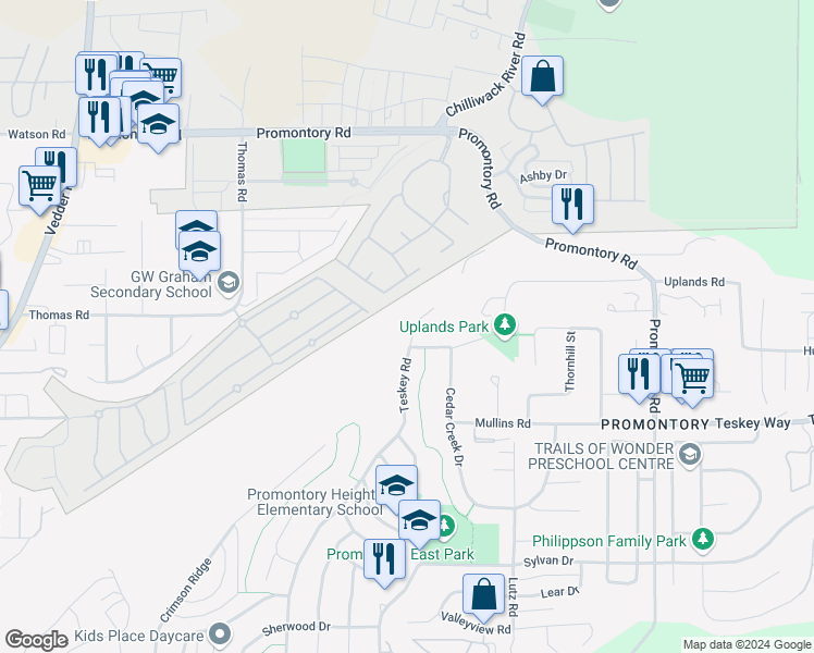 map of restaurants, bars, coffee shops, grocery stores, and more near 4598 Teskey Road in Chilliwack