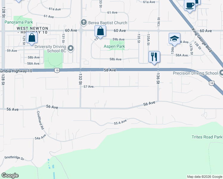 map of restaurants, bars, coffee shops, grocery stores, and more near 13364 57 Avenue in Surrey