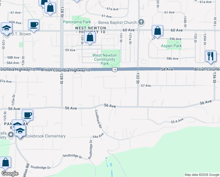 map of restaurants, bars, coffee shops, grocery stores, and more near 13170 57 Avenue in Surrey