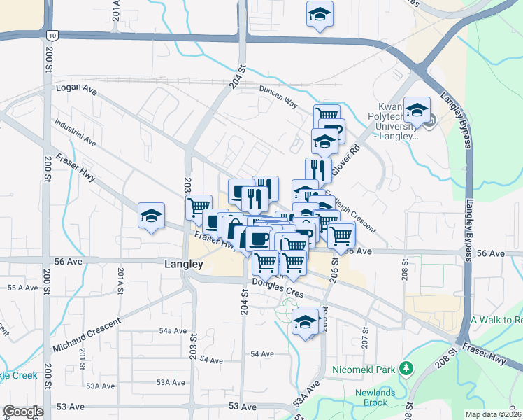map of restaurants, bars, coffee shops, grocery stores, and more near 20501 Logan Avenue in Langley