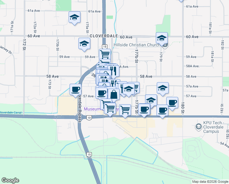 map of restaurants, bars, coffee shops, grocery stores, and more near 5722 176A Street in Surrey