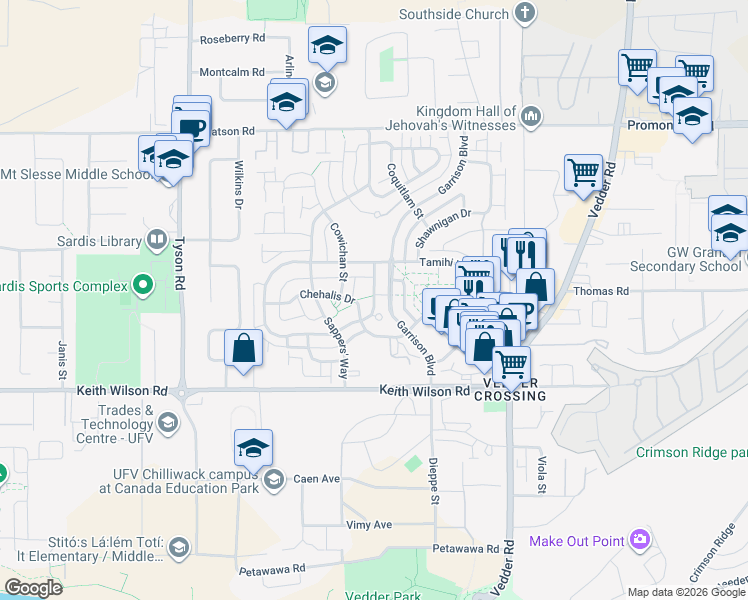 map of restaurants, bars, coffee shops, grocery stores, and more near 13 Chehalis Drive in Chilliwack
