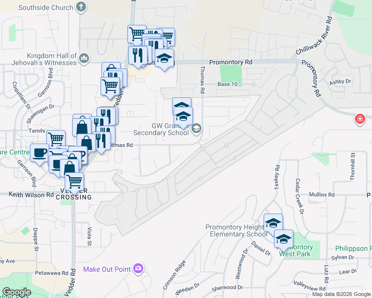 map of restaurants, bars, coffee shops, grocery stores, and more near Thomas Road in Chilliwack